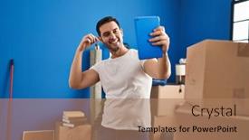  Presentation with new home - Slide set having young-hispanic-man-holding-key background and a coral colored foreground