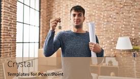  Presentation with new home - Presentation featuring young-hispanic-man-holding-keys background and a coral colored foreground
