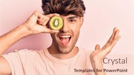  Presentation with kiwi - Audience pleasing slide deck consisting of young-hispanic-man-holding-kiwi backdrop and a lemonade colored foreground