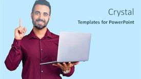  Presentation with happy sad face man - Slide deck featuring young-hispanic-man-holding-laptop background and a white colored foreground