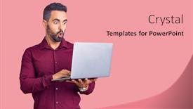  Presentation with laptop - Amazing slide deck having young-hispanic-man-holding-laptop backdrop and a coral colored foreground