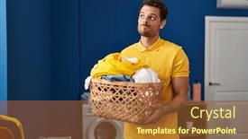  Presentation with laundry - Presentation design having young-hispanic-man-holding-laundry background and a tawny brown colored foreground
