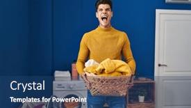  Presentation with laundry - PPT theme consisting of young-hispanic-man-holding-laundry background and a ocean colored foreground