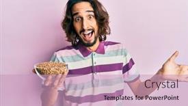  Presentation with lentils - Audience pleasing PPT theme consisting of young-hispanic-man-holding-lentils backdrop and a soft green colored foreground