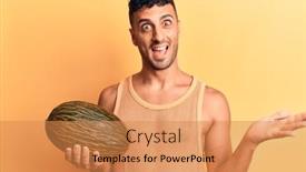  Presentation with melon - Amazing presentation having young-hispanic-man-holding-melon backdrop and a coral colored foreground