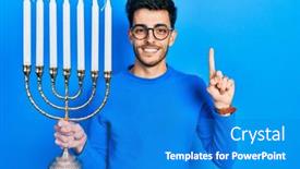  Presentation with hispanic - PPT theme featuring young-hispanic-man-holding-menorah background and a teal colored foreground