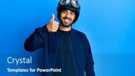  Presentation with motorcycle - Presentation design enhanced with young-hispanic-man-holding-motorcycle background and a ocean colored foreground