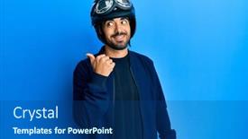  Presentation with motorcycle - Presentation design with young-hispanic-man-holding-motorcycle background and a ocean colored foreground