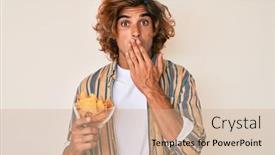  Presentation with potato chips - Beautiful PPT theme featuring young-hispanic-man-holding-nachos backdrop and a coral colored foreground