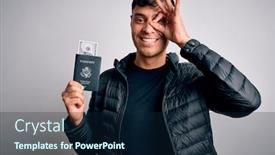  Presentation with passport - Audience pleasing PPT theme consisting of young-hispanic-man-holding-passport backdrop and a navy blue colored foreground