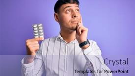  Presentation with antibiotics - Theme enhanced with young-hispanic-man-holding-pharmaceutical background and a light blue colored foreground