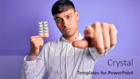  Presentation with antibiotics - PPT theme enhanced with young-hispanic-man-holding-pharmaceutical background and a light blue colored foreground