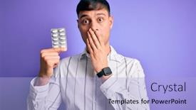  Presentation with antibiotics - Slides consisting of young-hispanic-man-holding-pharmaceutical background and a light blue colored foreground