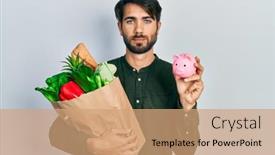  Presentation with paper bag - Presentation featuring young-hispanic-man-holding-piggy background and a coral colored foreground
