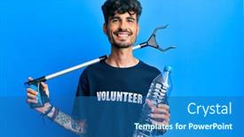  Presentation with recycle plastic - PPT theme featuring young-hispanic-man-holding-plastic background and a ocean colored foreground