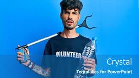  Presentation with recycle plastic - Audience pleasing presentation theme consisting of young-hispanic-man-holding-plastic backdrop and a ocean colored foreground
