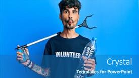  Presentation with recycle plastic - Cool new PPT theme with young-hispanic-man-holding-plastic backdrop and a ocean colored foreground