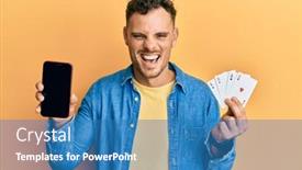  Presentation with poker - Slides consisting of young-hispanic-man-holding-poker background and a teal colored foreground