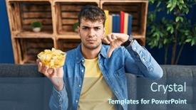  Presentation with potato chips - Slides having young-hispanic-man-holding-potato background and a ocean colored foreground