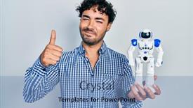  Presentation with robot toy - Presentation theme with young-hispanic-man-holding-robot background and a teal colored foreground