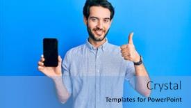  Presentation with smartphone - Cool new presentation design with young-hispanic-man-holding-smartphone backdrop and a light blue colored foreground