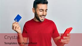  Presentation with credit card - Colorful slide set enhanced with young-hispanic-man-holding-smartphone backdrop and a crimson colored foreground
