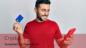  Presentation with credit card - Audience pleasing slide set consisting of young-hispanic-man-holding-smartphone backdrop and a crimson colored foreground