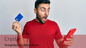  Presentation with credit card - PPT theme with young-hispanic-man-holding-smartphone background and a crimson colored foreground