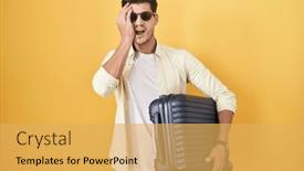  Presentation with face pain - Presentation design consisting of young-hispanic-man-holding-suitcase background and a yellow colored foreground