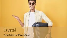  Presentation with suitcase - PPT layouts consisting of young-hispanic-man-holding-suitcase background and a yellow colored foreground