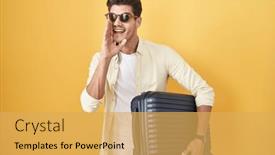  Presentation with talk - Theme with young-hispanic-man-holding-suitcase background and a  colored foreground