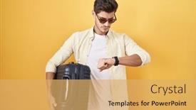  Presentation with summer time - PPT theme with young-hispanic-man-holding-suitcase background and a yellow colored foreground