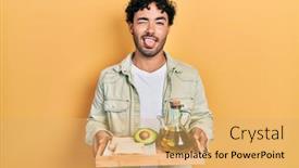  Presentation with tongue - Presentation design enhanced with young-hispanic-man-holding-tray background and a yellow colored foreground