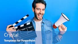  Presentation with clapboard - Audience pleasing presentation theme consisting of young-hispanic-man-holding-video backdrop and a teal colored foreground