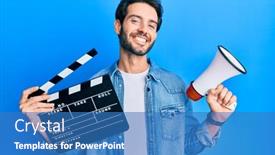  Presentation with video - Amazing presentation theme having young-hispanic-man-holding-video backdrop and a teal colored foreground