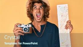  Presentation with map vintage - Colorful presentation design enhanced with young-hispanic-man-holding-vintage backdrop and a navy blue colored foreground