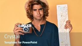  Presentation with map vintage - Presentation design consisting of young-hispanic-man-holding-vintage background and a navy blue colored foreground