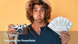  Presentation with radio station air vintage microphone - Beautiful PPT theme featuring young-hispanic-man-holding-vintage backdrop and a ocean colored foreground