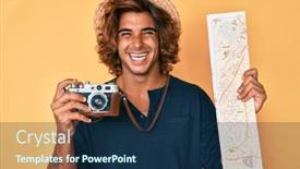  Presentation with map vintage - Cool new presentation design with young-hispanic-man-holding-vintage backdrop and a navy blue colored foreground