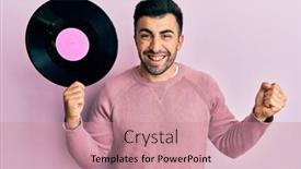  Presentation with vinyl - Audience pleasing presentation theme consisting of young-hispanic-man-holding-vinyl backdrop and a coral colored foreground
