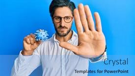  Presentation with virus - Beautiful presentation theme featuring young-hispanic-man-holding-virus backdrop and a light blue colored foreground