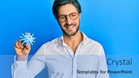  Presentation with virus - Cool new PPT layouts with young-hispanic-man-holding-virus backdrop and a light blue colored foreground