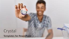  Presentation with vote - Presentation theme enhanced with young-hispanic-man-holding-vote background and a light gray colored foreground