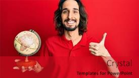  Presentation with world - Cool new PPT theme with young-hispanic-man-holding backdrop and a crimson colored foreground