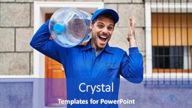  Presentation with water gallon - PPT theme having young-hispanic-man-holding background and a cobalt blue colored foreground