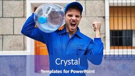  Presentation with water gallon - PPT theme enhanced with young-hispanic-man-holding background and a cobalt blue colored foreground