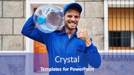  Presentation with water gallon - PPT theme having young-hispanic-man-holding background and a cobalt blue colored foreground