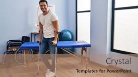  Presentation with rehab clinic - PPT theme enhanced with young-hispanic-man-injured-physiotherapy background and a  colored foreground