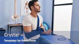  Presentation with rehab clinic - PPT theme having young-hispanic-man-injured-physiotherapy background and a ocean colored foreground