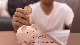  Presentation with litecoin - PPT theme with young-hispanic-man-inserting-litecoin background and a coral colored foreground